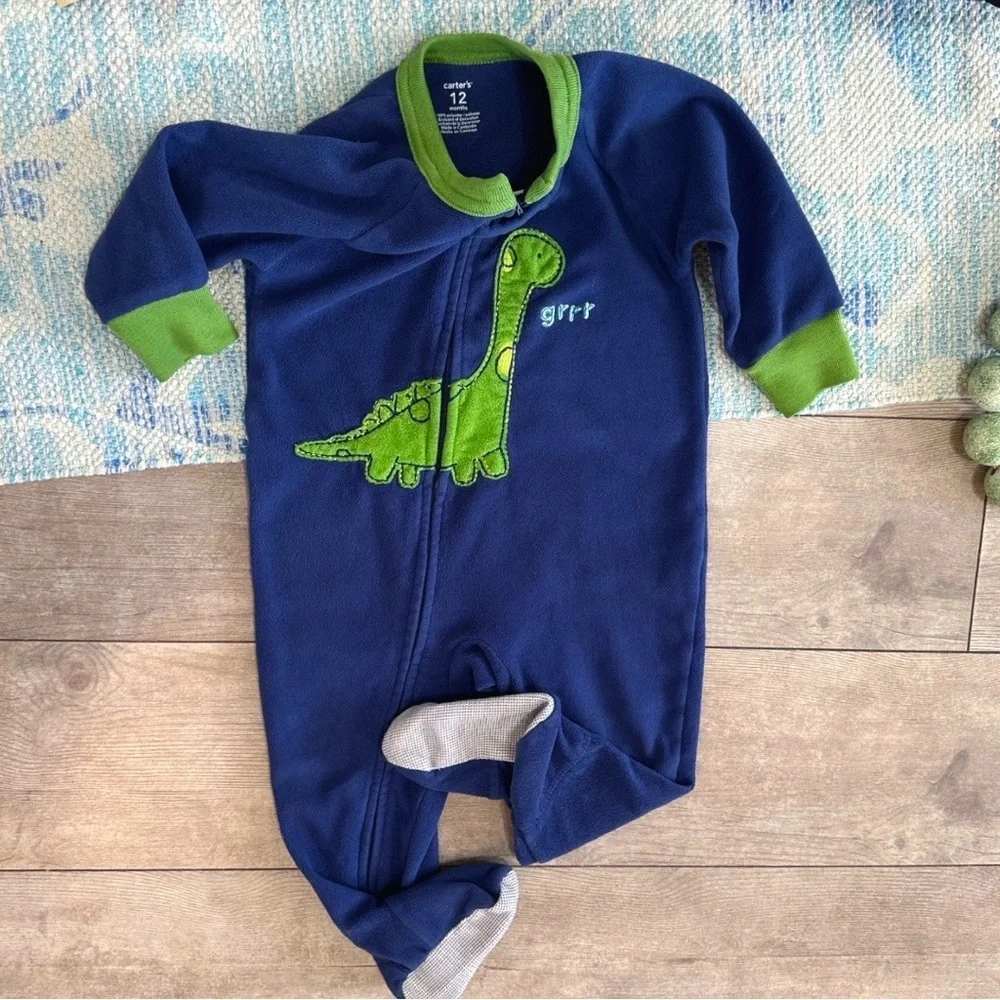 Y2K Carter’s Dinosaur Fleece Footies One Piece Sleeper Pajamas 12 Month baby boy